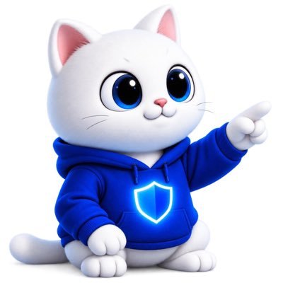 TrustCat mascot: a white cat in a blue hoodie with a glowing shield, pointing forward